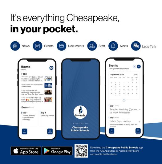 We have an App for that! We're thrilled to announce the new app for Chesapeake Public Schools! 🎉  It's everything Chesapeake, in your pocket. 📱  Download for Android: https://bit.ly/44UPkHQ  Download for iPhone: https://apple.co/3KcIghX