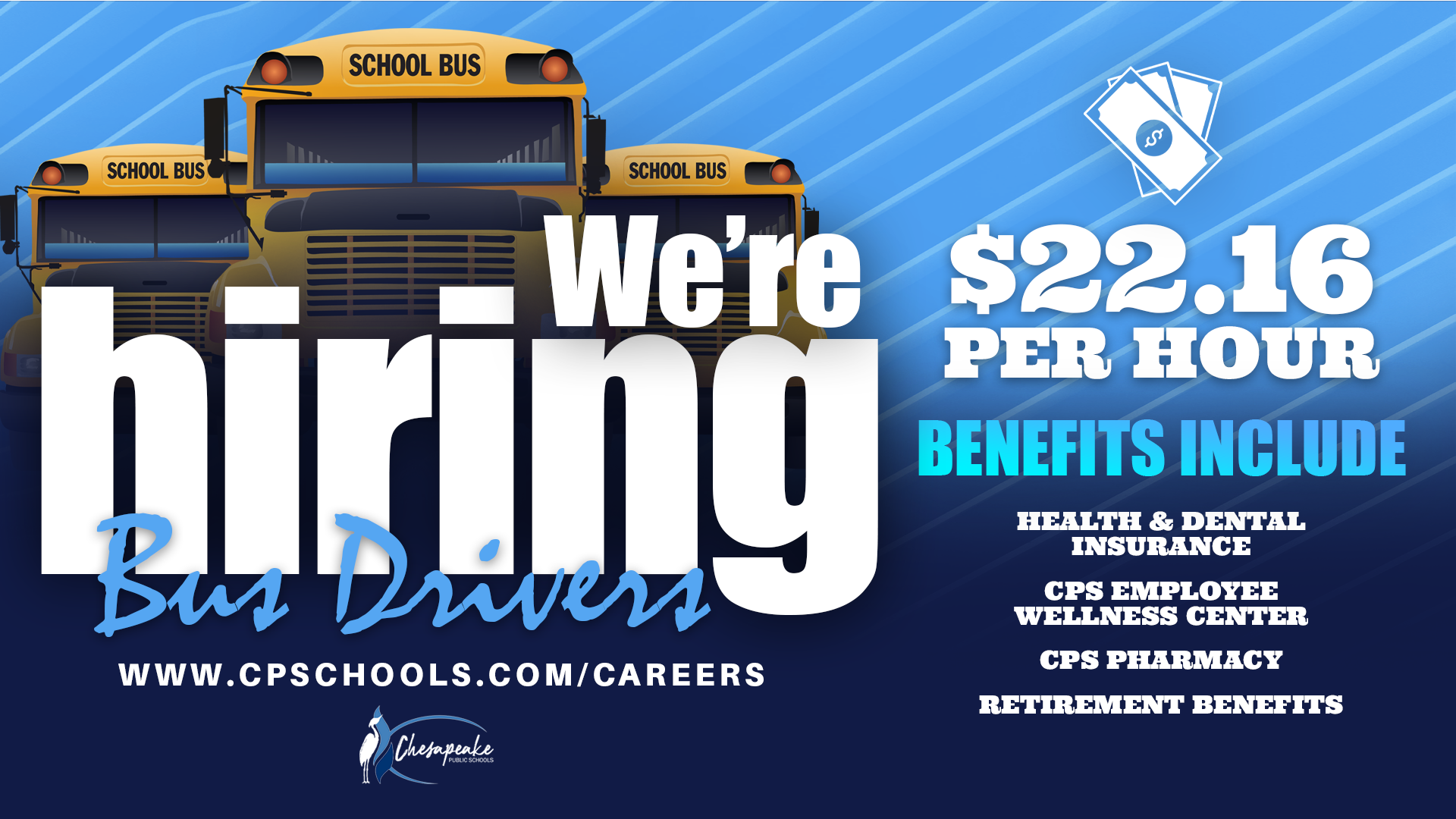 WE ARE HIRING - Join our team!  Bus Drivers (rate of $22.16/hour), benefits include: Health & Dental Insurance, CPS Employee Wellness Center, CPS Pharmacy, Retirement Benefits