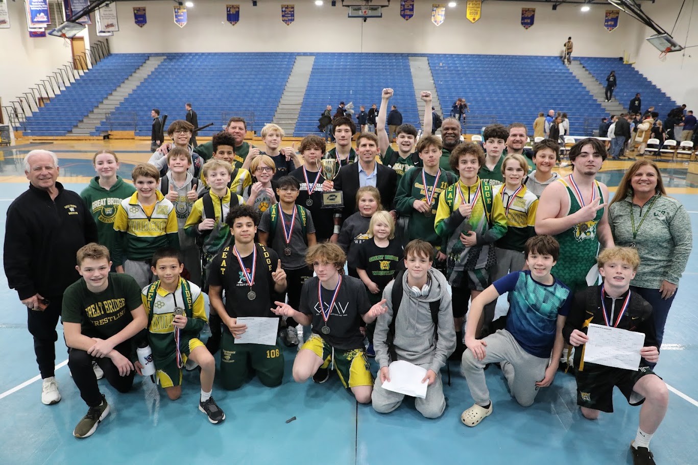 The Great Bridge Middle School Wrestling team poses for a picture after winning the CMSL Wrestling title