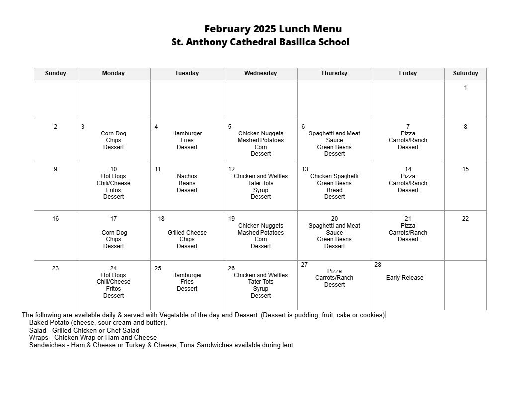 lunch menu Feb