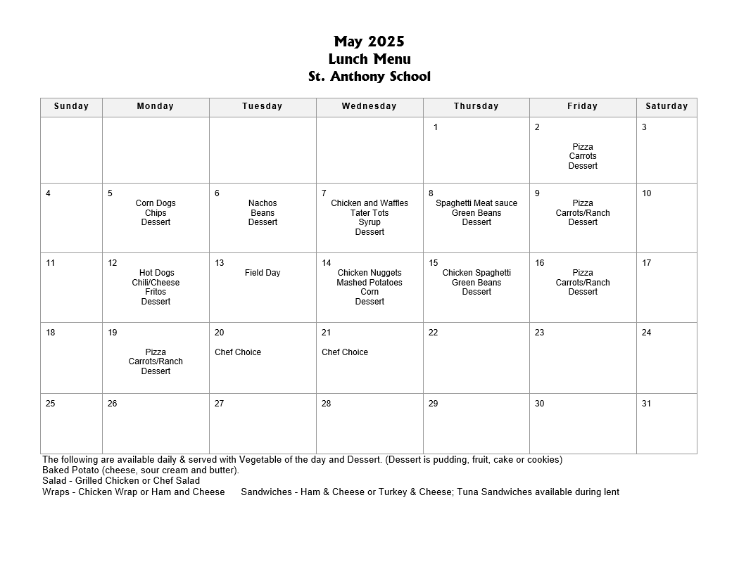 lunch menu May