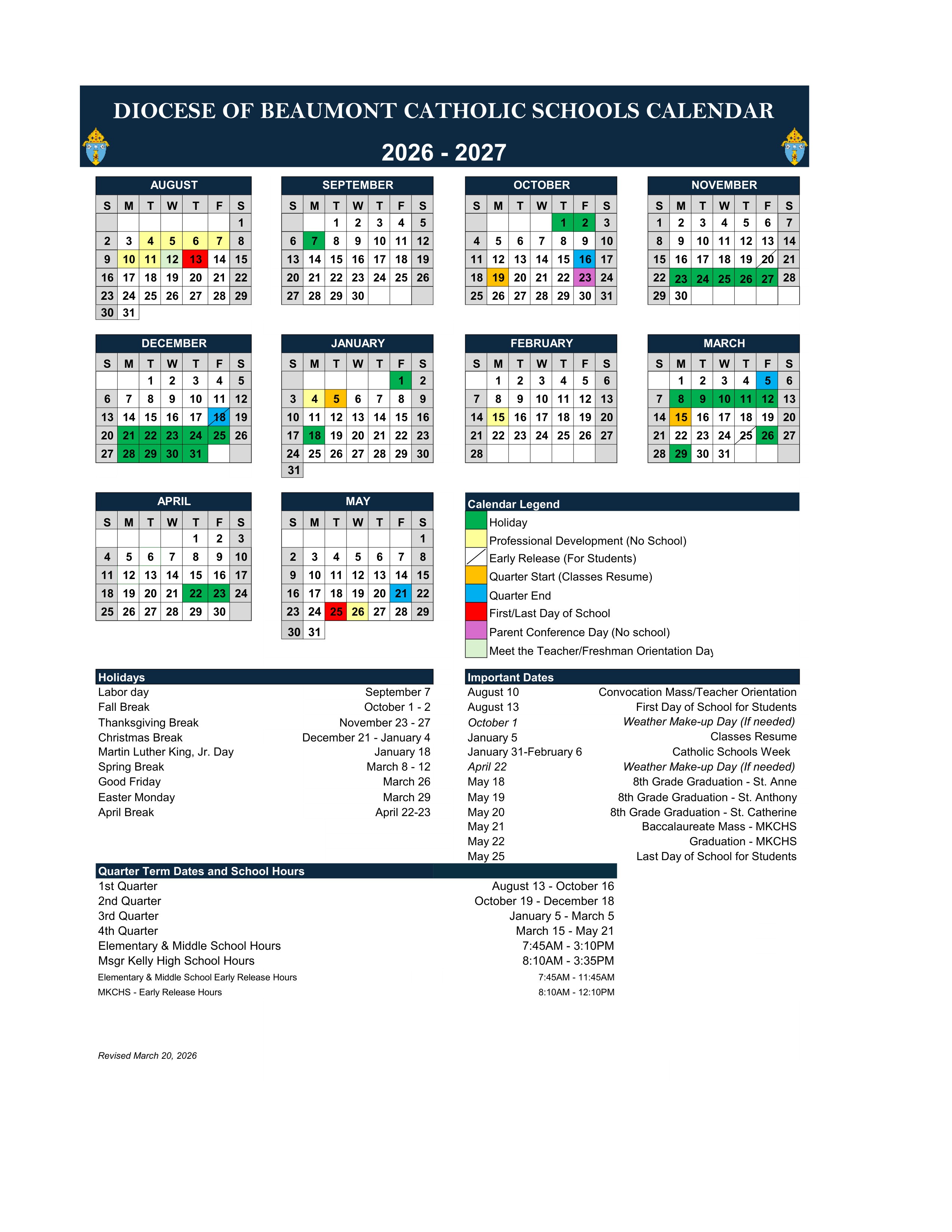 Calendar for the 2026-2027 school year