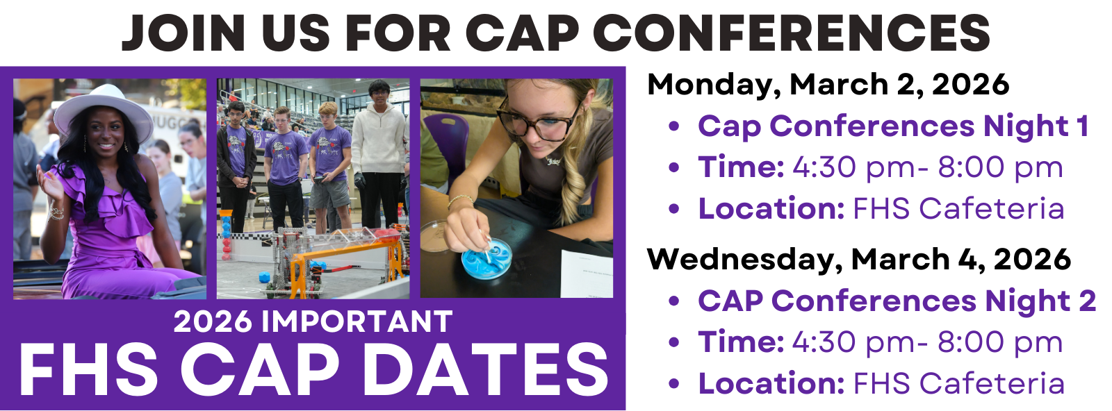 Banner with purple background and white text reads "Join Us for CAP Conferences" and "Fhs Cap Dates". It lists two events.