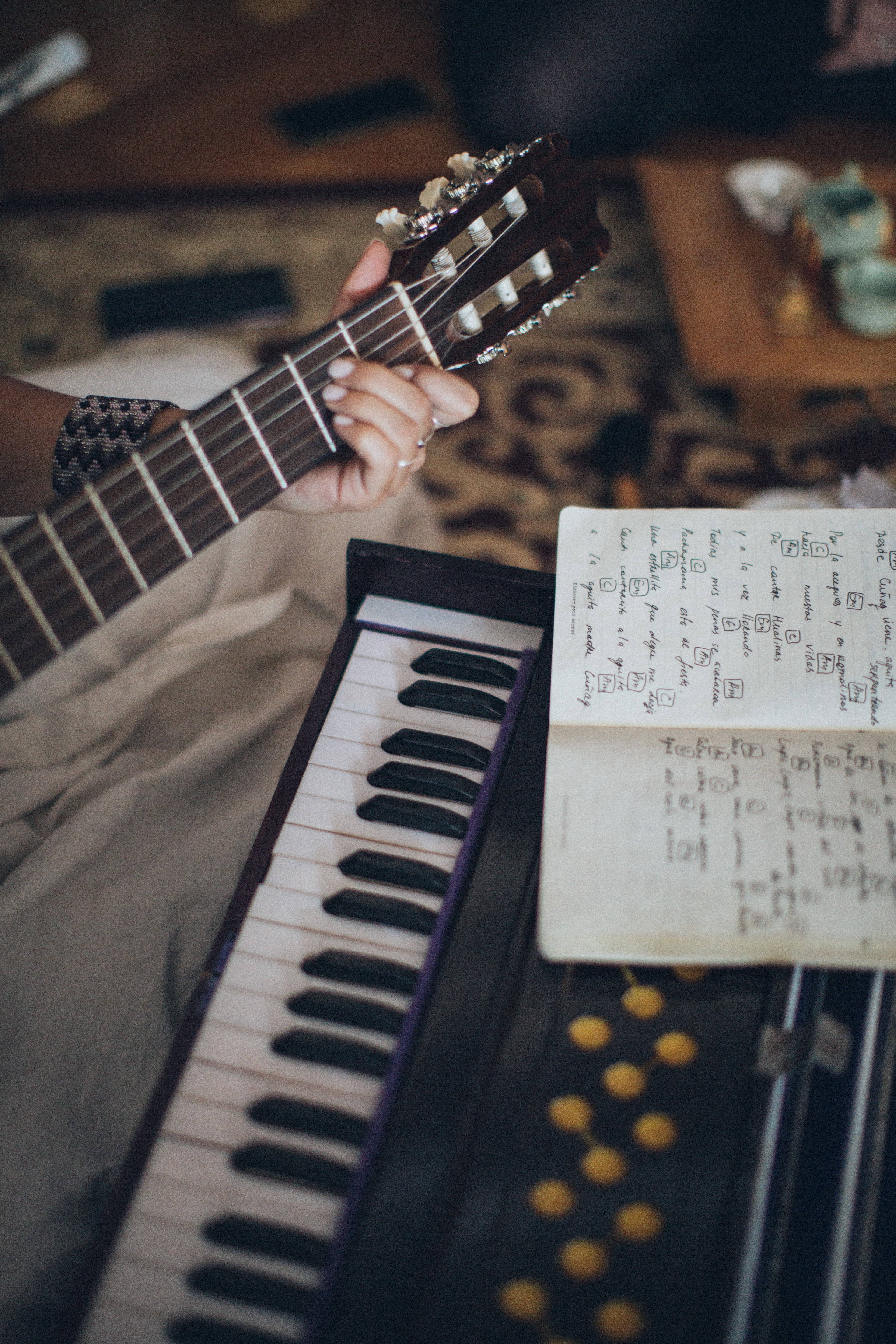 guitar, piano, and sheet music