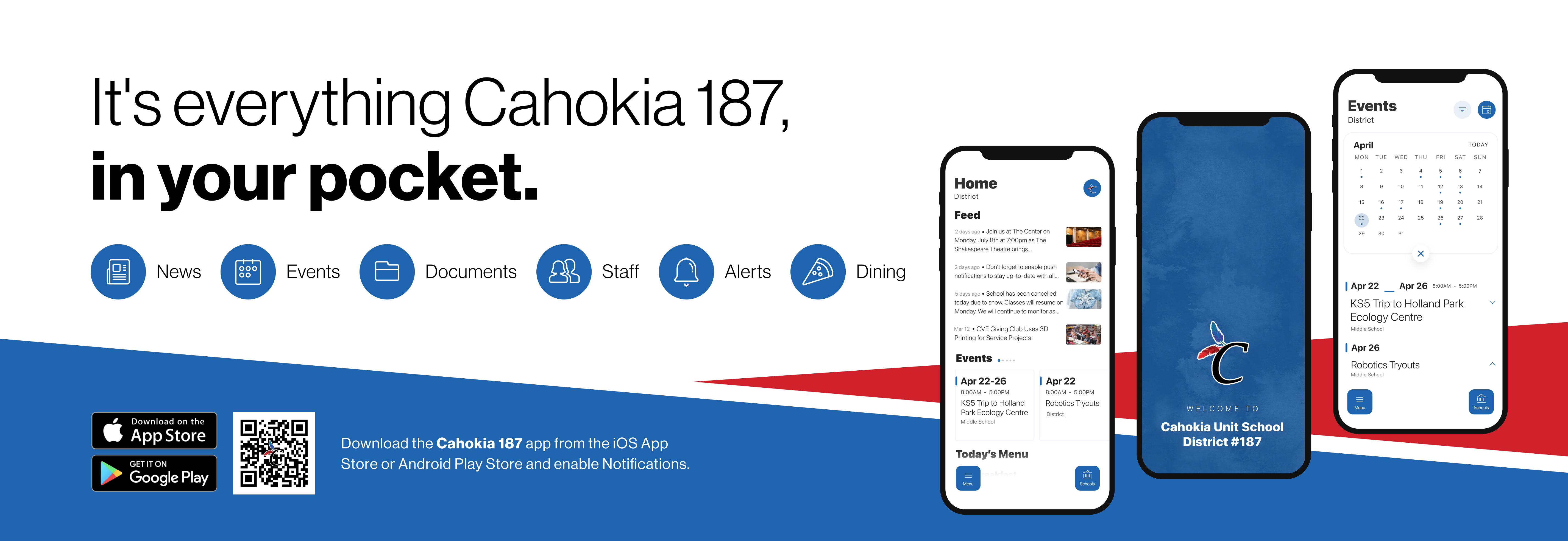 a flyer for the new district app, with a QR code for download in the lower left, "It's everything Cahokia 187, in your pocket"
