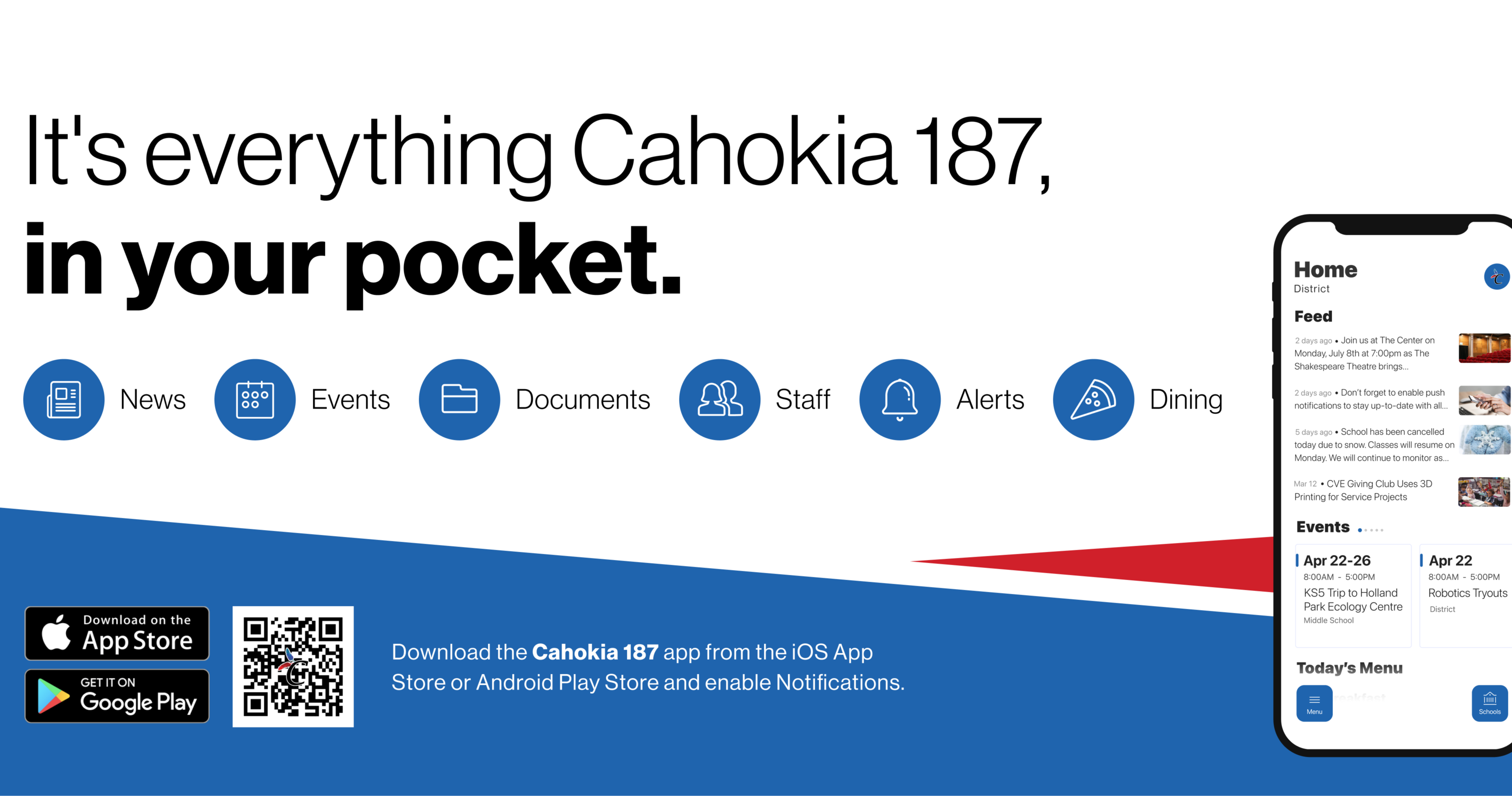 a flyer for the new district app, with a QR code for download in the lower left, "It's everything Cahokia 187, in your pocket"
