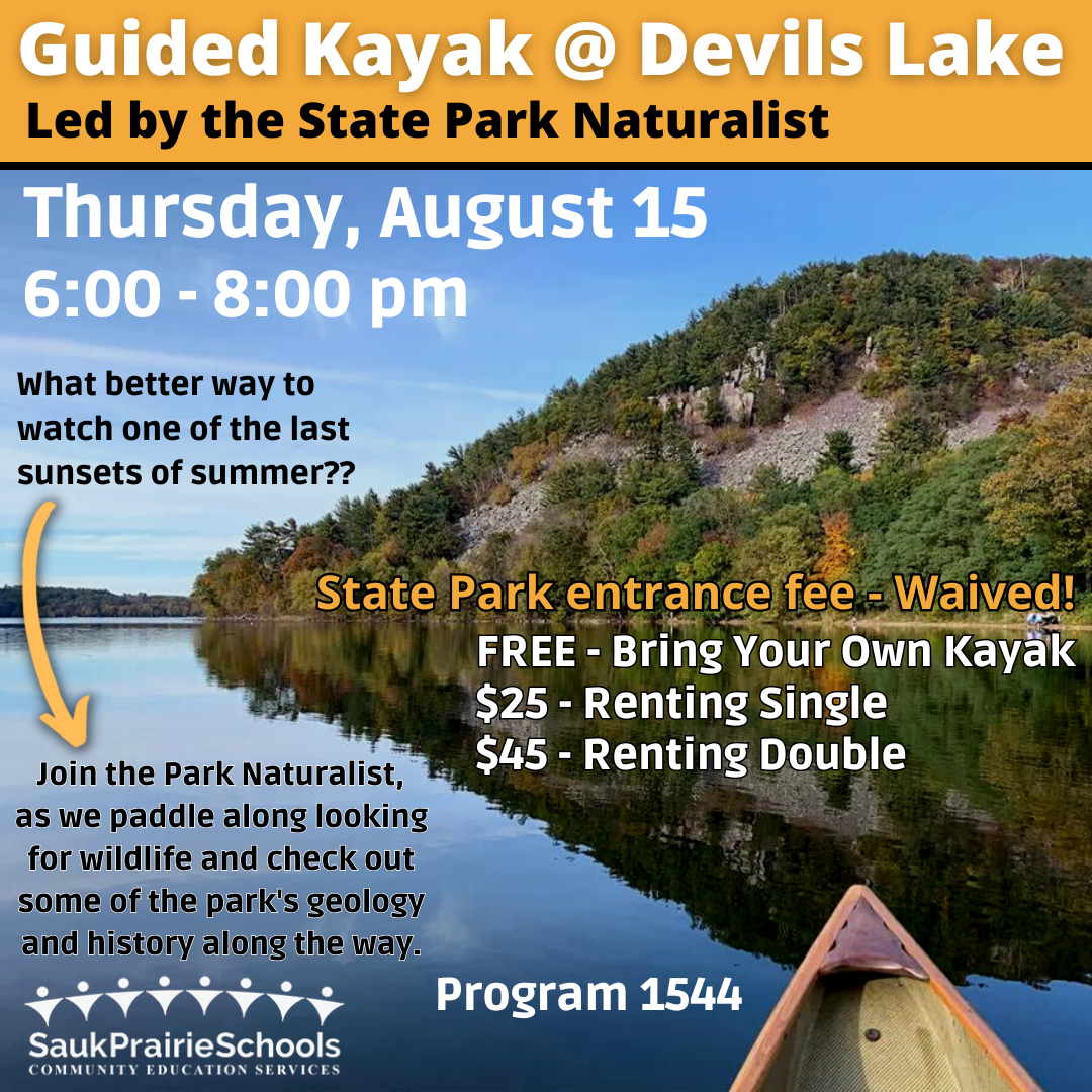 Kayaking tour flyer for devil's lake state park