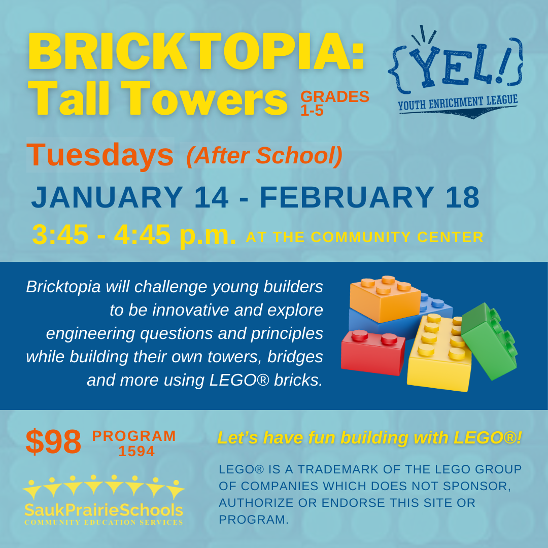 Bricktopia: Build Tall Towers with Legos for Grades 1-5 Tuesdays, January 14 thru February 18