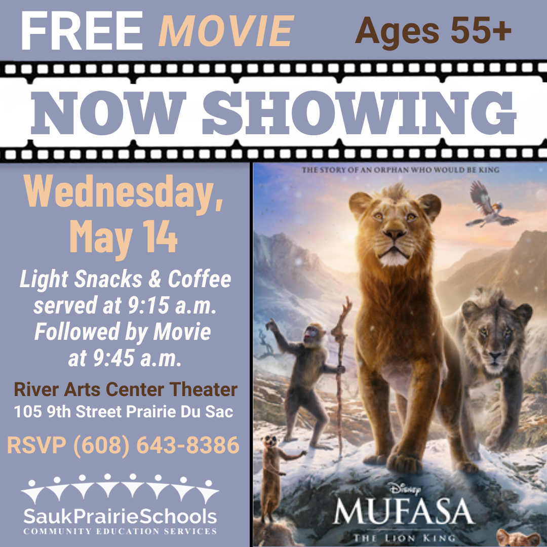 Older Adult Morning Movie. Second Wednesday of the month at 9:15 am River Arts Center