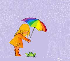 animated student with a rainbow umbrella covering a frog in the rain