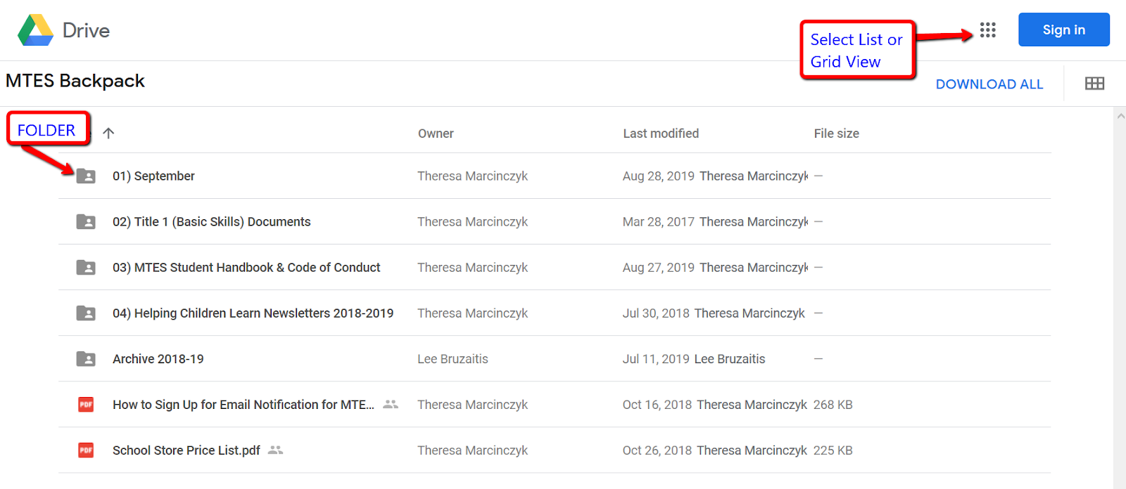 In the Backpack main folder, you will see subfolders by topic or month