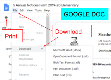 select the print icon to print and select FILE>DOWNLOAD to download