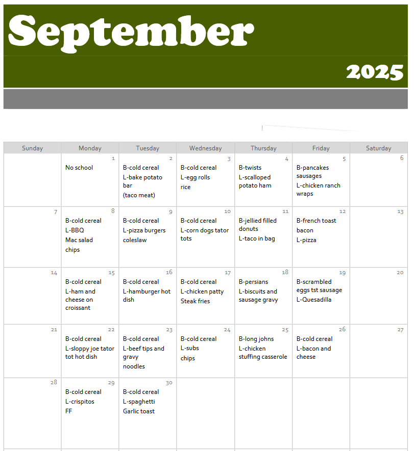 September 2025 Lunch Menu