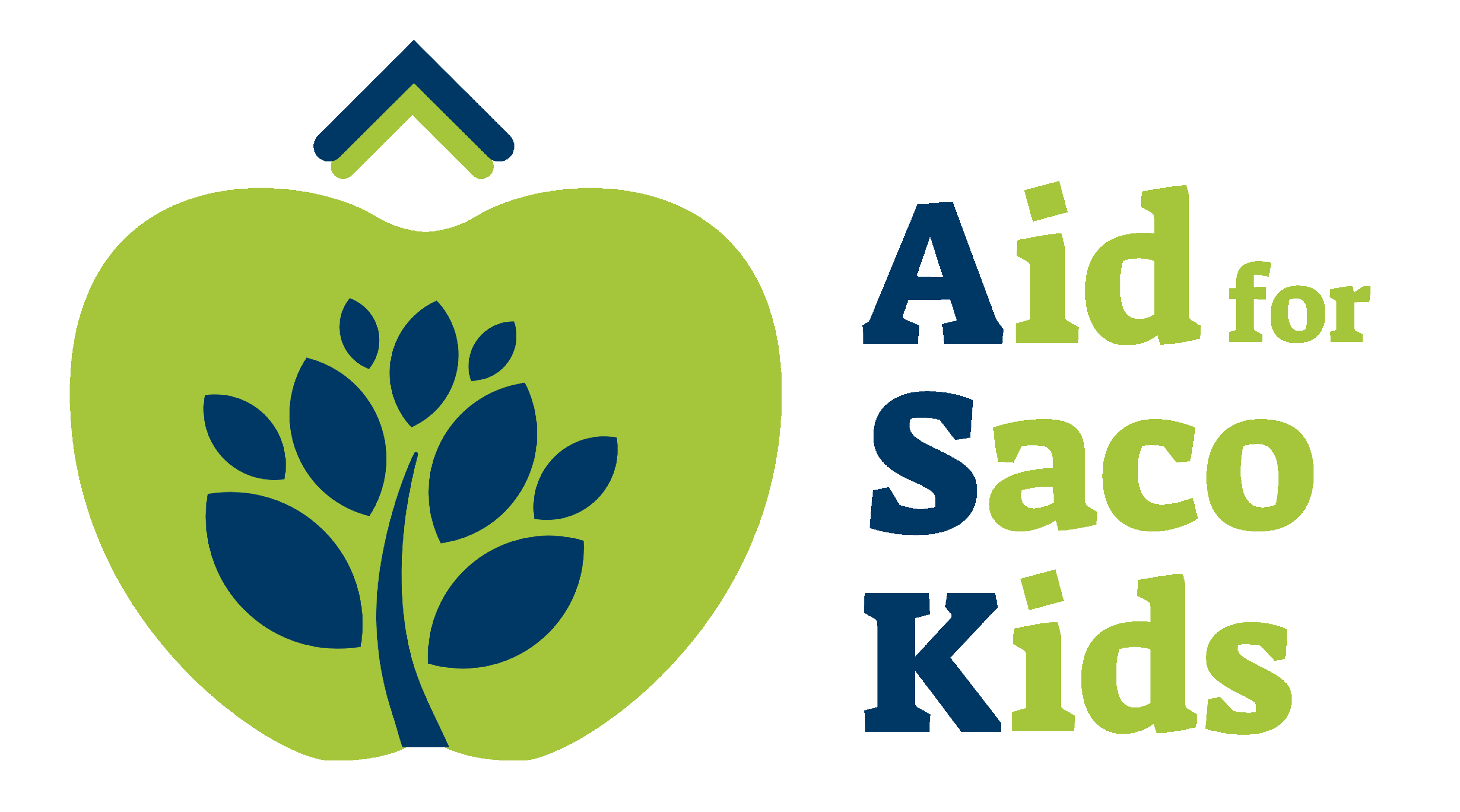 Logo for "Aid for Saco Kids" featuring a green apple shape with a blue tree design and the acronym "ASK" prominently displayed.