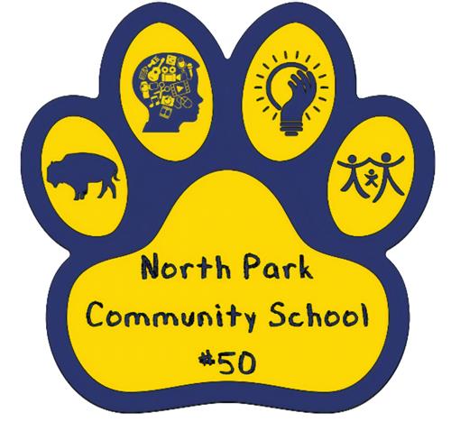 npcs logo, a yellow and blue paw print with the school name and silhouettes of a buffalo, a brain, a light bulb, and two people holding hands