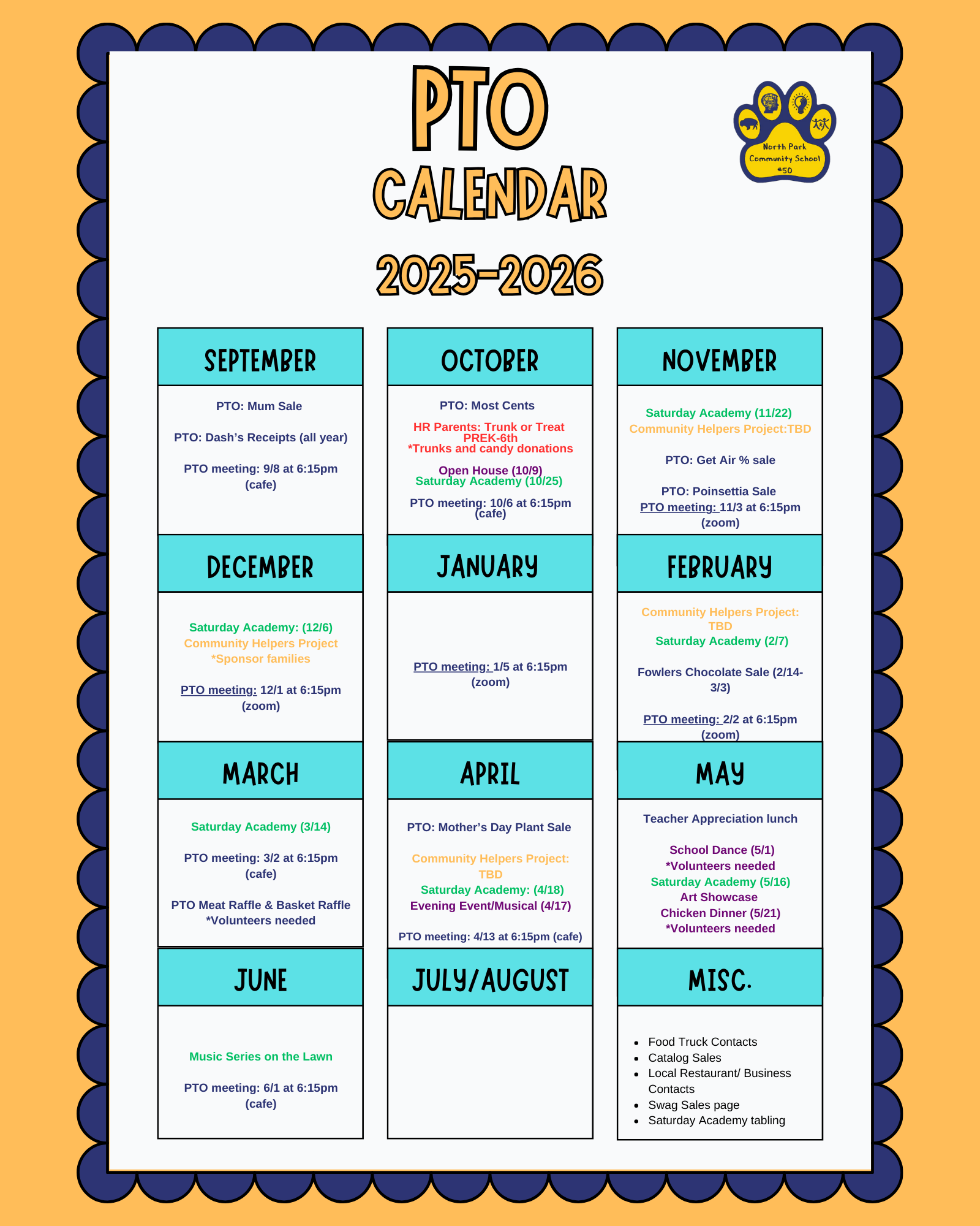 PTO calendar with fundraising dates