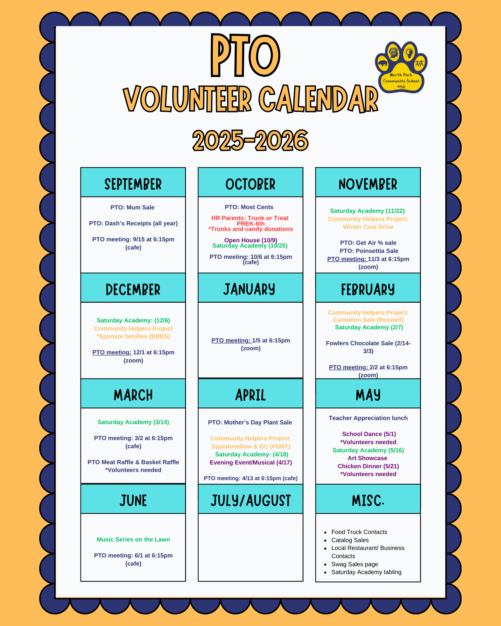 dates for the pto events and volunteer opportunities