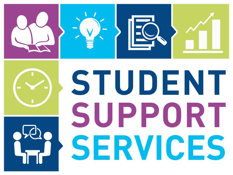 Logo for student support services featuring vector images of light bulbs, documents, check marks, and silhouettes supporting each other