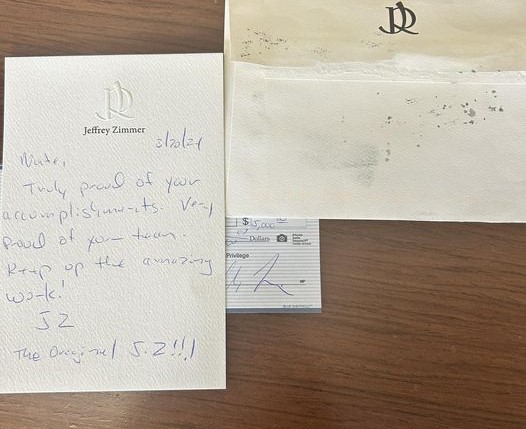 Image of a note from Mr. Zimmer to AOE