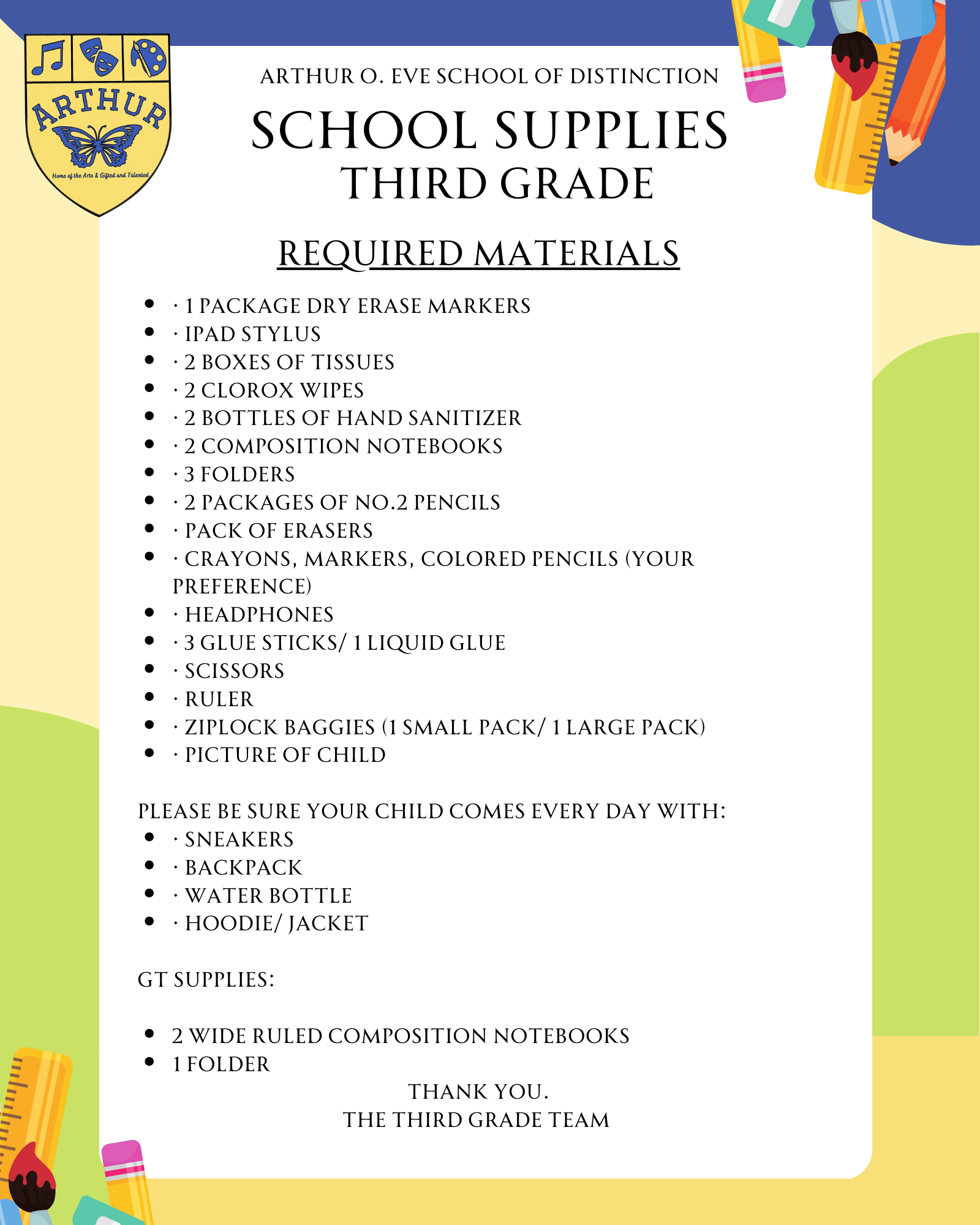 · 1 package dry erase markers · iPad stylus · 2 boxes of tissues · 2 Clorox wipes · 2 bottles of hand sanitizer · 2 composition notebooks · 3 folders · 2 packages of No.2 pencils · Pack of erasers · Crayons, markers, colored pencils (your preference) · Headphones · 3 Glue sticks/ 1 liquid glue · Scissors · Ruler · Ziplock baggies (1 small pack/ 1 large pack) · Picture of child  Please be sure your child comes every day with: · Sneakers · Backpack · Water bottle · Hoodie/ jacket  GT Supplies:  2 wide ruled composition notebooks 1 folder thank you. The Third Grade TEam         Thank you,  The fourth grade team