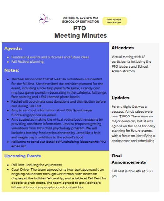 Final Announcements Fall Fest is Nov. 4th at 5:30 pm Parent Night Out was a success. funds raised were over $1000. There were no major concerns, but  it was agreed on the need for early planning for future events, with a focus on identifying a chairperson and scheduling. Fundraising events and outcomes and future ideas Fall Festival planning Notes:   Racheal announced that at least six volunteers are needed for the fall fest. She described the activities planned for the event, including a hole tarp parachute game, a candy corn ring toss game, pumpkin decorating in the cafeteria, fall bingo, face painting and a fall-themed photo booth. Rachel will coordinate coat donations and distribution before and during Fall Fest Amy to send out information about Otis Spunkmeyer fundraising options via email Amy suggested making the virtual voting booth engaging by providing candidate information. Jessica proposed getting volunteers from UB's child psychology program. We will include a healthy food option donated by Jared like a fruit and veggie tray in addition to the school's food. Kellianne to send out detailed fundraising ideas to the PTO email list. Upcoming Events Fall Fest- looking for volunteers  Coat Drive- The team agreed on a two-part approach: an ongoing collection through Christmas, with coats on display at the holiday fellowship, and a table at Fall Fest for people to grab coats. The team agreed to get Racheal's information out so people could contact her. Attendees Virtual meting with 12 participants including the PTO leaders and School Administrators.