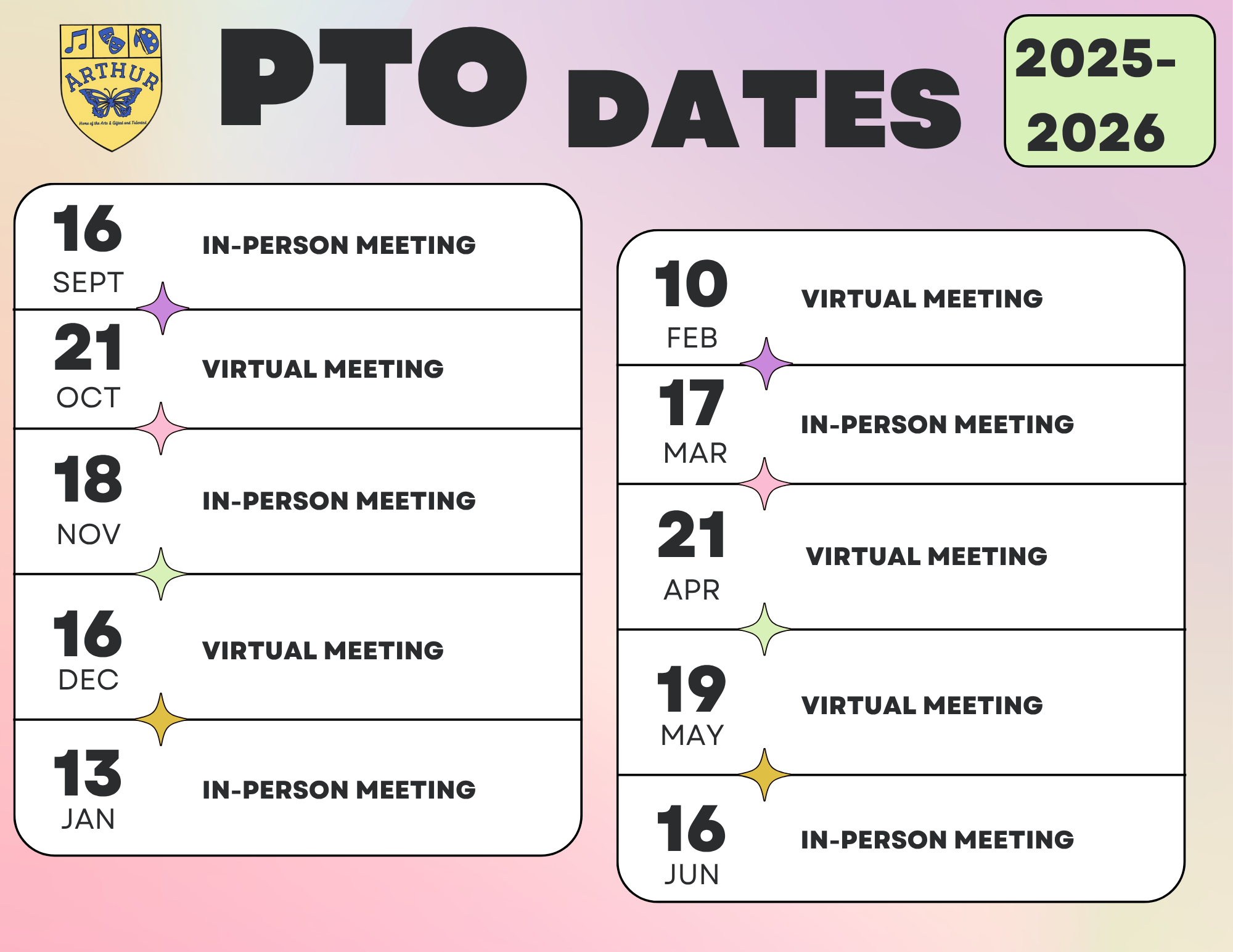 PTO Dates 9/16-In-person 10/21 11/18 In-person 12/16 1/13 In-person 2/10 3/17 In-person 4/21 5/19 6/16-In-Person