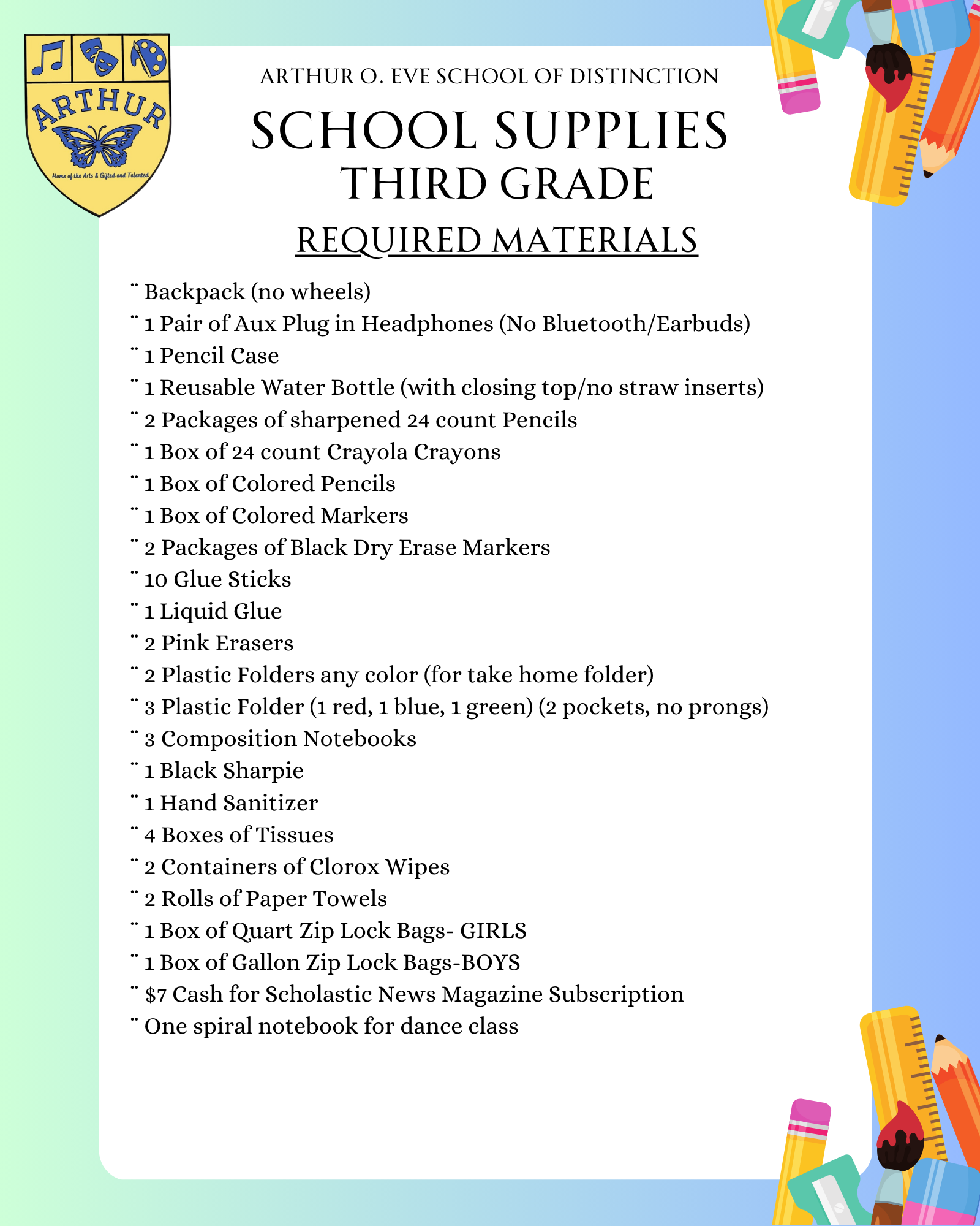  Backpack (no wheels) ¨ 1 Pair of Aux Plug in Headphones (No Bluetooth/Earbuds) ¨ 1 Pencil Case ¨ 1 Reusable Water Bottle (with closing top/no straw inserts) ¨ 2 Packages of sharpened 24 count Pencils ¨ 1 Box of 24 count Crayola Crayons ¨ 1 Box of Colored Pencils ¨ 1 Box of Colored Markers ¨ 2 Packages of Black Dry Erase Markers ¨ 10 Glue Sticks ¨ 1 Liquid Glue ¨ 2 Pink Erasers ¨ 2 Plastic Folders any color (for take home folder) ¨ 3 Plastic Folder (1 red, 1 blue, 1 green) (2 pockets, no prongs) ¨ 3 Composition Notebooks ¨ 1 Black Sharpie ¨ 1 Hand Sanitizer ¨ 4 Boxes of Tissues ¨ 2 Containers of Clorox Wipes ¨ 2 Rolls of Paper Towels ¨ 1 Box of Quart Zip Lock Bags- GIRLS ¨ 1 Box of Gallon Zip Lock Bags-BOYS ¨ $7 Cash for Scholastic News Magazine Subscription ¨ One spiral notebook for dance class