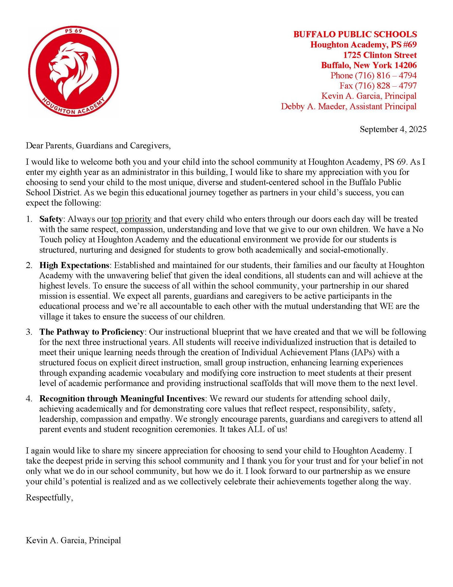 2025-26 Letter to Houghton Families from Principal Garcia
