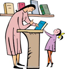 drawing of woman leaning over counter to hand book to a child