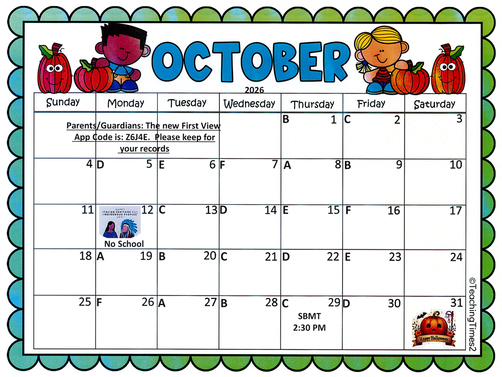 October Calendar.  No School Oct 12th.