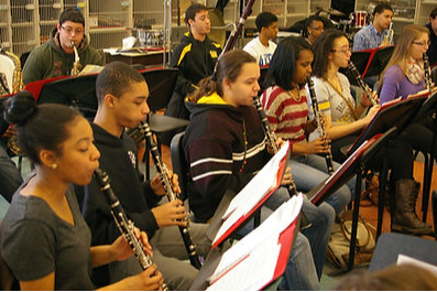 Students playing wind instruments