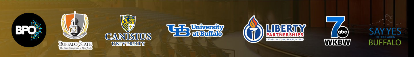 Logos for | Say Yes Buffalo, Buffalo State University, Canisius University , University at Buffalo, Liberty Partnerships, WKBW Buffalo, Buffalo Philharmonic Orchestra