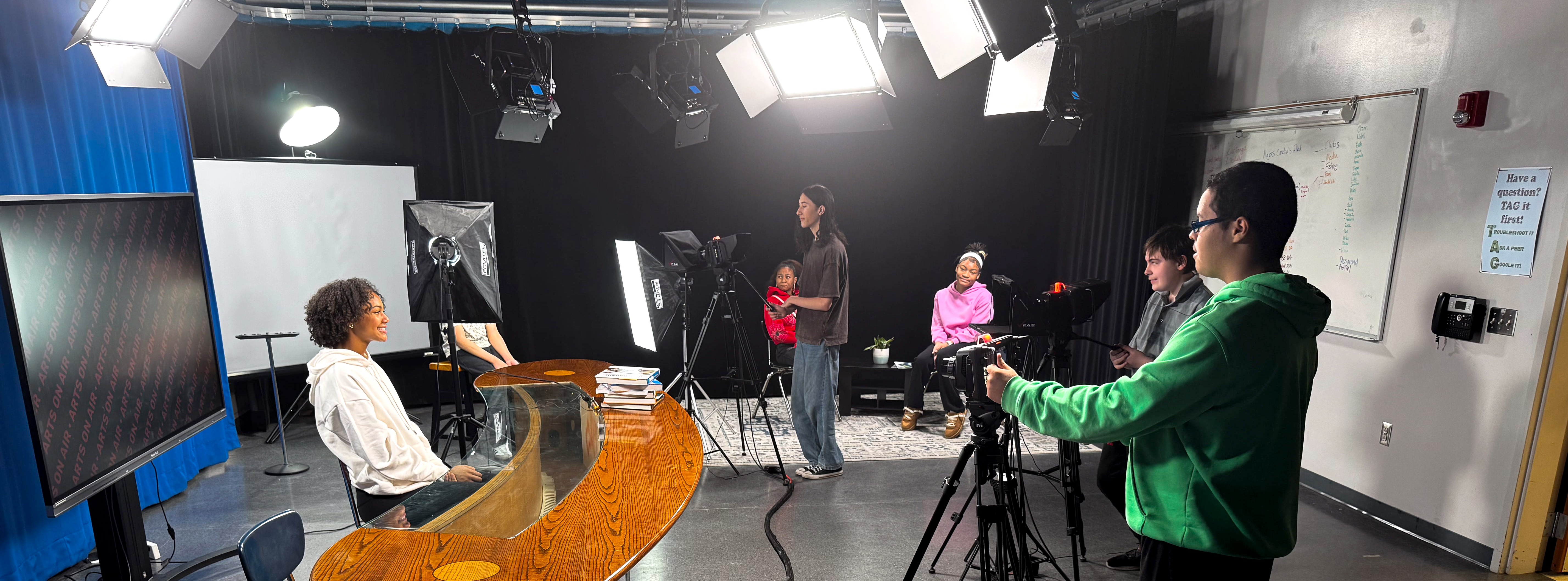Media students filming their weekly news show: Arts on Air