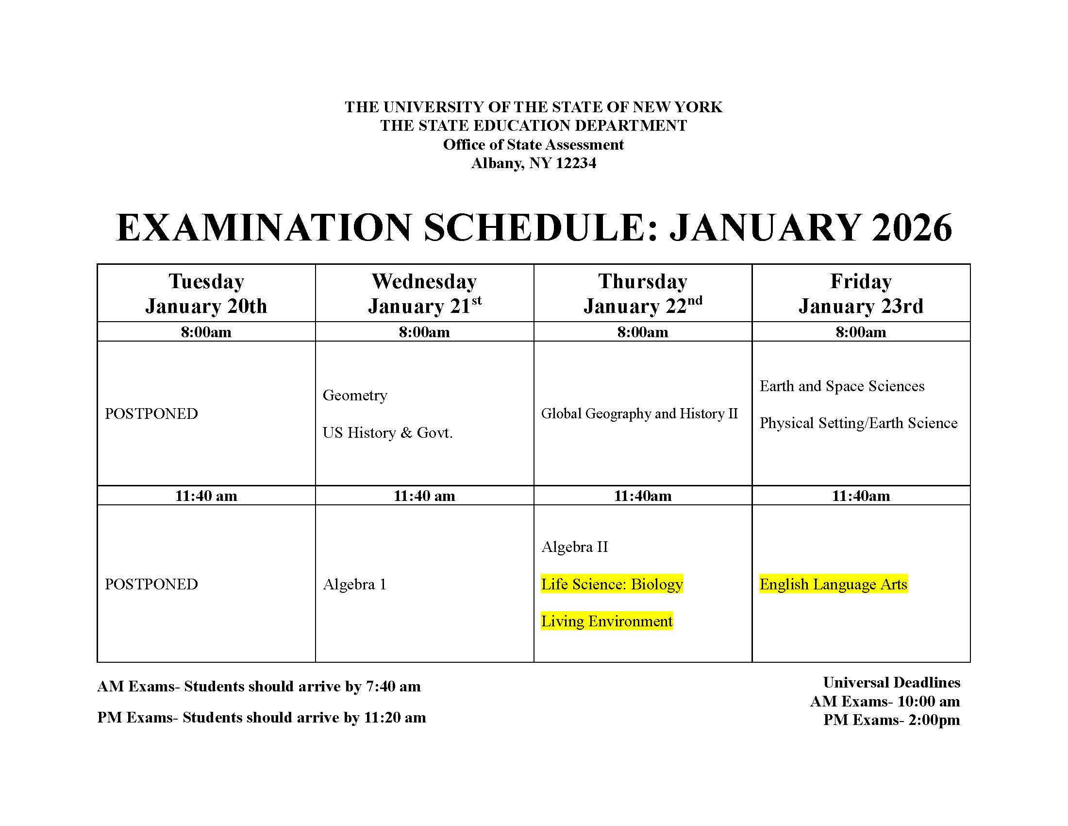 Revised Exam Schedule for Jan 2026