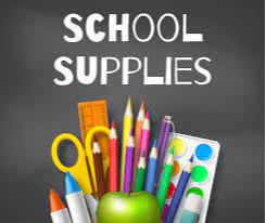 SCHOOL SUPPLIES TYPED ON TOP, SCISSORS, RULER, COLORED PENCILS, MARKERS, PAINTS, GLUE STICK, APPLE