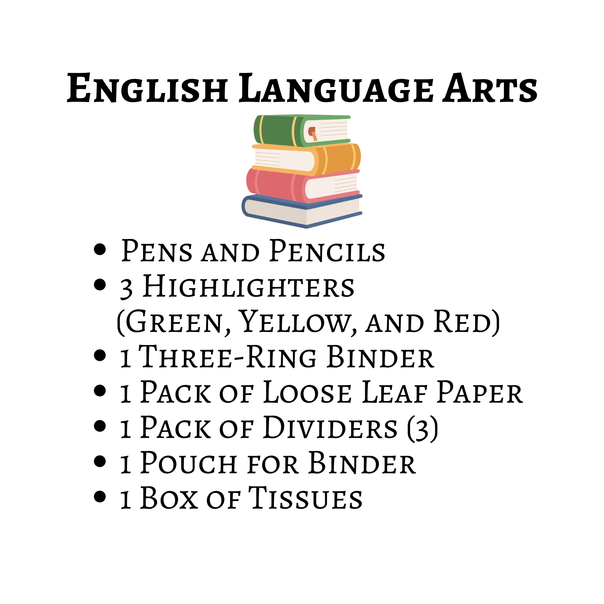 English Language Arts school supply list: pens and pencils; three highlighters—green, yellow, and red; one three-ring binder; one pack of loose-leaf paper; one pack of three dividers; one binder pouch; and one box of tissues