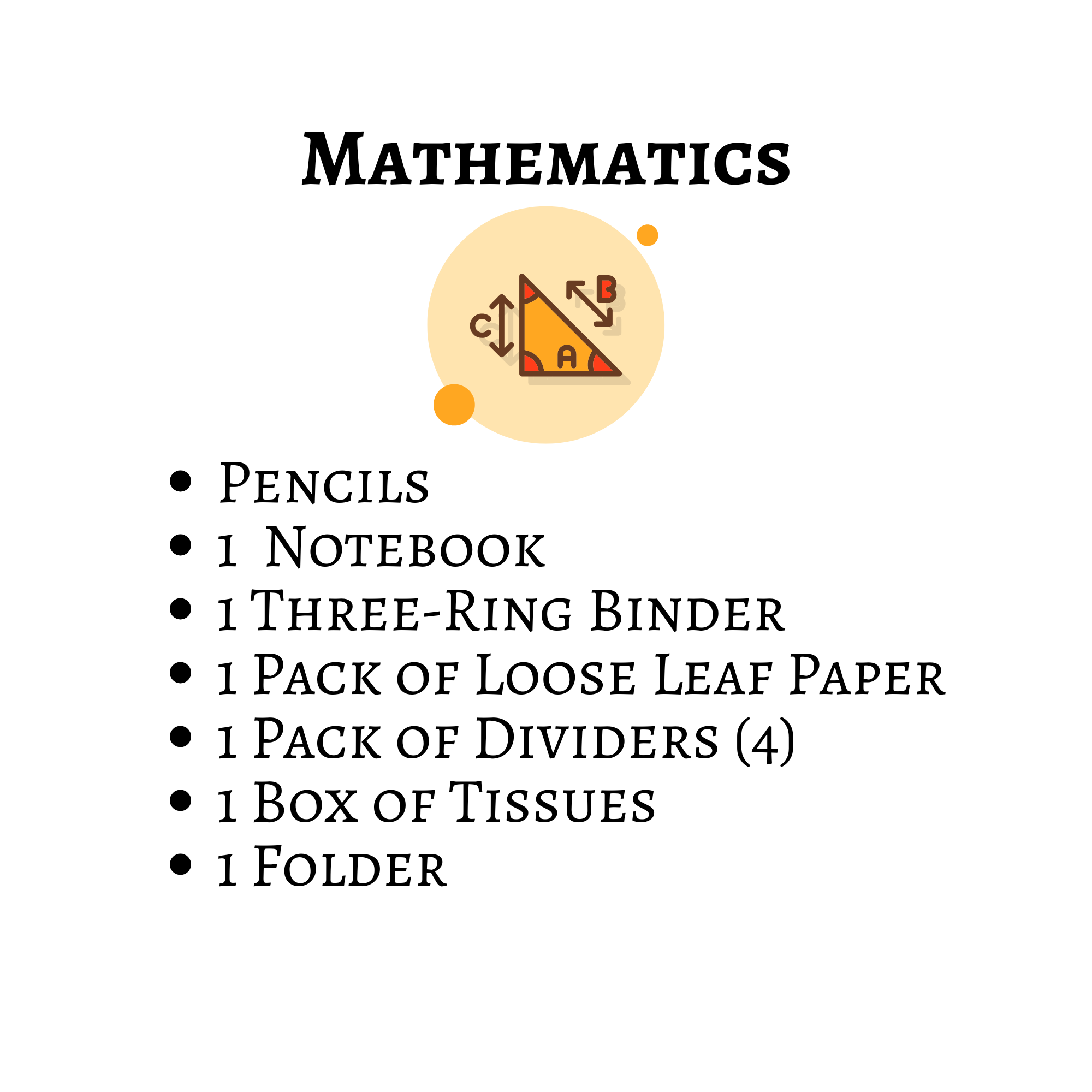 Mathematics school supply list: pencils; one notebook; one three-ring binder; one pack of loose-leaf paper; one pack of four dividers; one box of tissues; and one folder.