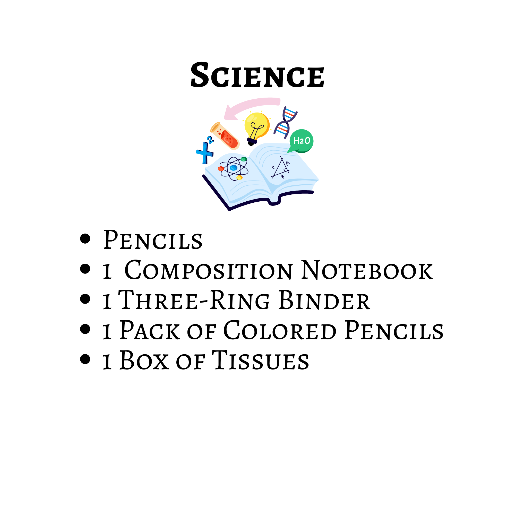 Science school supply list: pencils; one composition notebook; one three-ring binder; one pack of colored pencils; and one box of tissues.