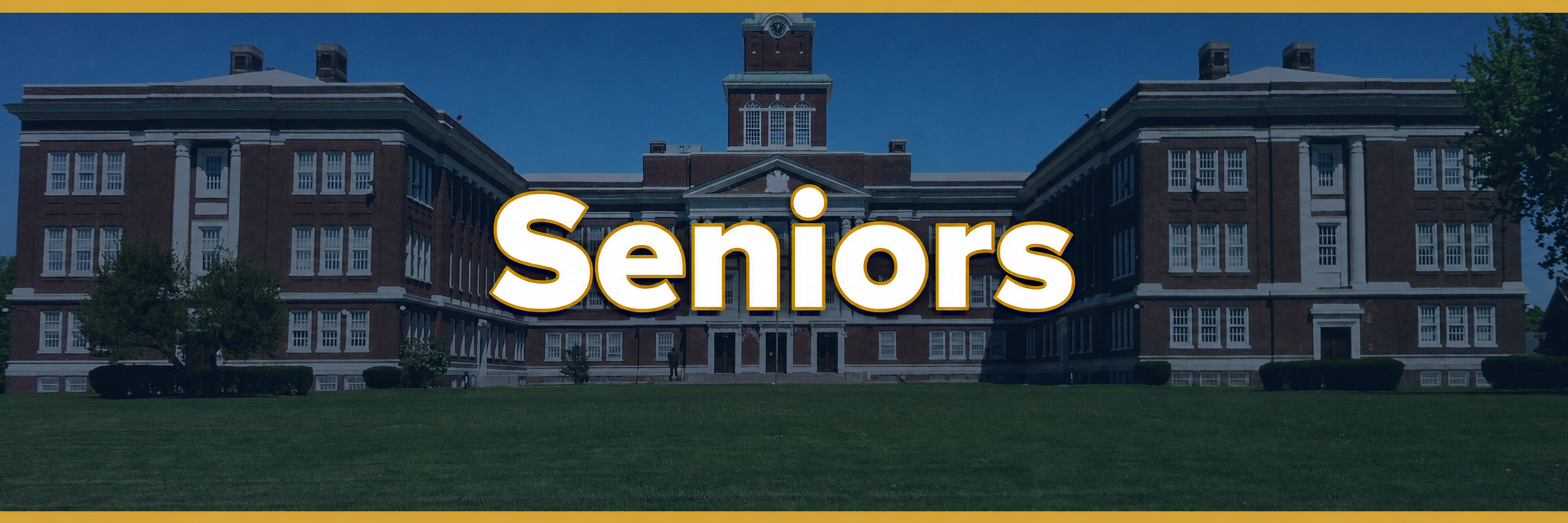 Front exterior of International Preparatory School with the word “Seniors” centered over the building.
