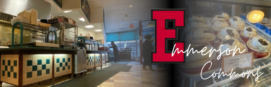 a graphic of the lunch line at the commons, a dessert behind a class case, and the E of the logo superimposed over it