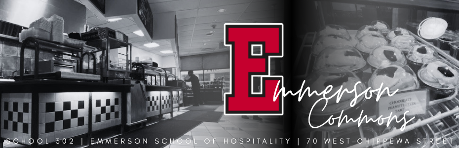 a graphic of the lunch line at the commons, a dessert behind a class case, and the E of the logo superimposed over it