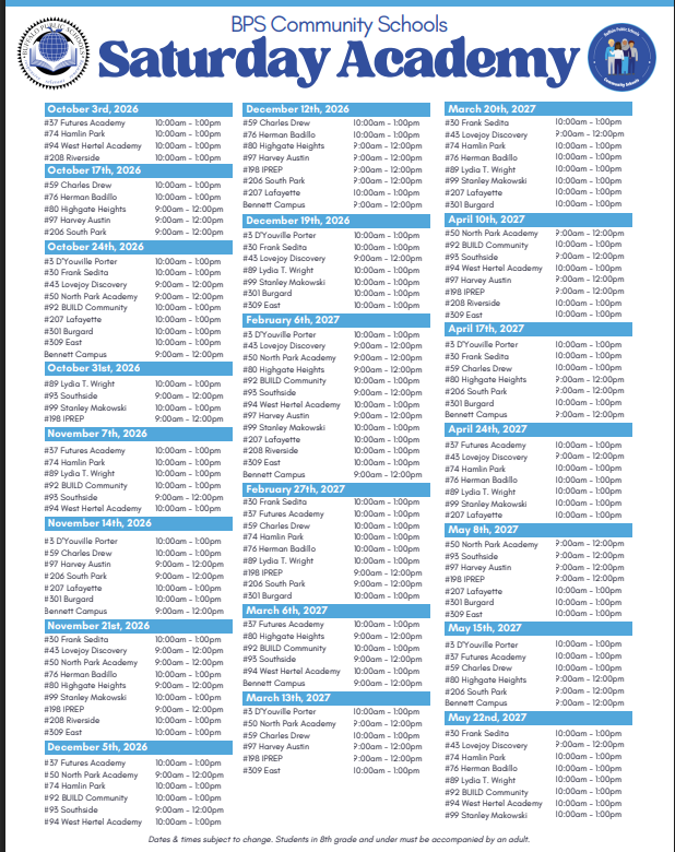Saturday Academy Dates and Locations
