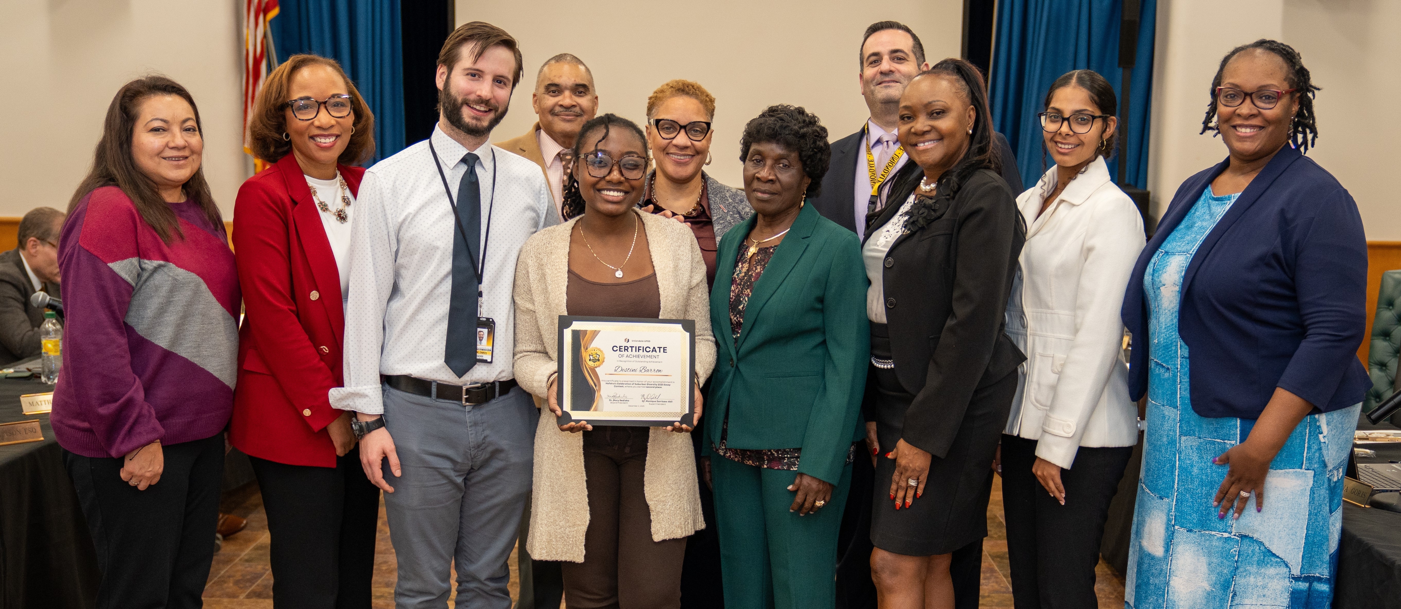 On Tuesday, December 2nd, the Board of Education and Superintendent Darrisaw-Akil recognized excellence and service at their Board of Education meeting. They recognized two amazing scholars: Arianna Fraser, Northern Parkway, Grand Prize Winner of the New York State PTA "Every Child Reads Student award Destini Barrow, Uniondale High School, 2nd Place winner of the Hofstra University Celebration of Suburban Diversity Essay contest and for being appointed to the national Teen Advisory Council of Girls, Inc. Additionally, the Board recognized the PTA leaders of Northern Parkway, Grand Avenue, Smith Street and Uniondale High School for being awarded Trailblazer status by the New York State PTA association. We are so proud of the work of our parent and guardian volunteers. Your service makes a difference!