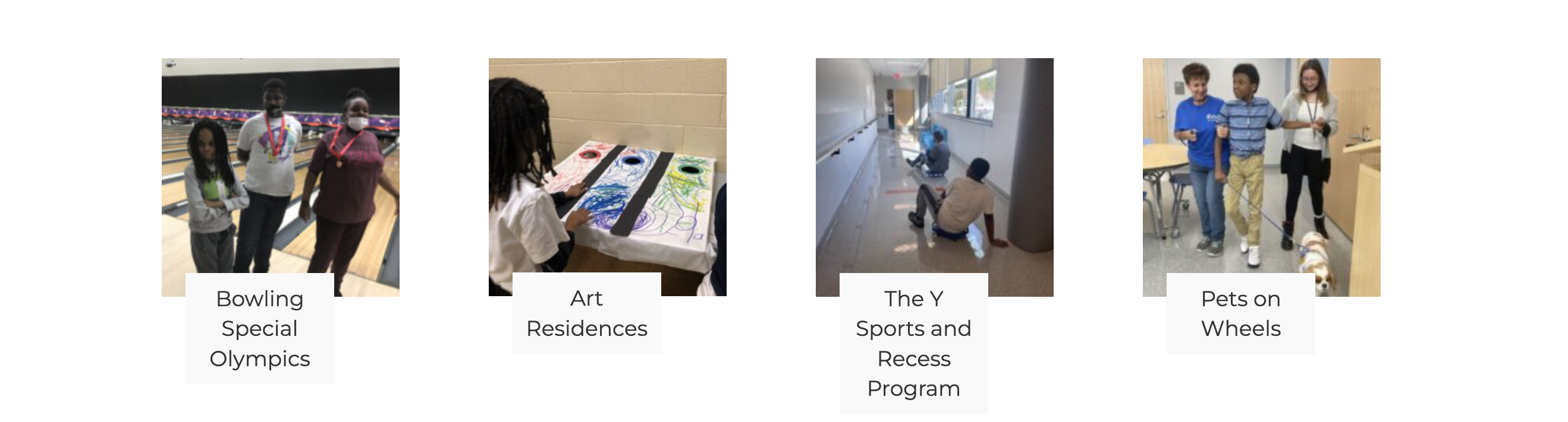 Different student activities: art, bowling, sports and recess, pets on wheels