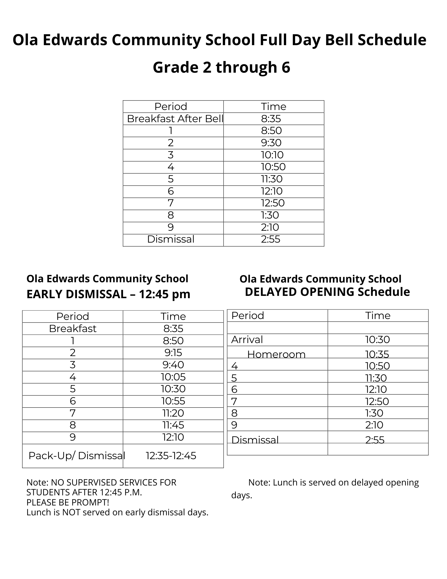 Bell Schedules Ola Edwards Community School