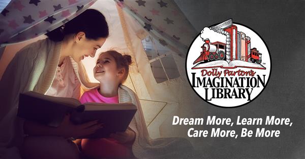 an adult and child read a book in a tent together: Dolly Parton Imagination Library: dream more, learn more, care more, be more