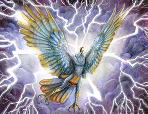 An eagle with blue and gold feathers. Behind the eagle are dark clouds and numerous lightning bolts
