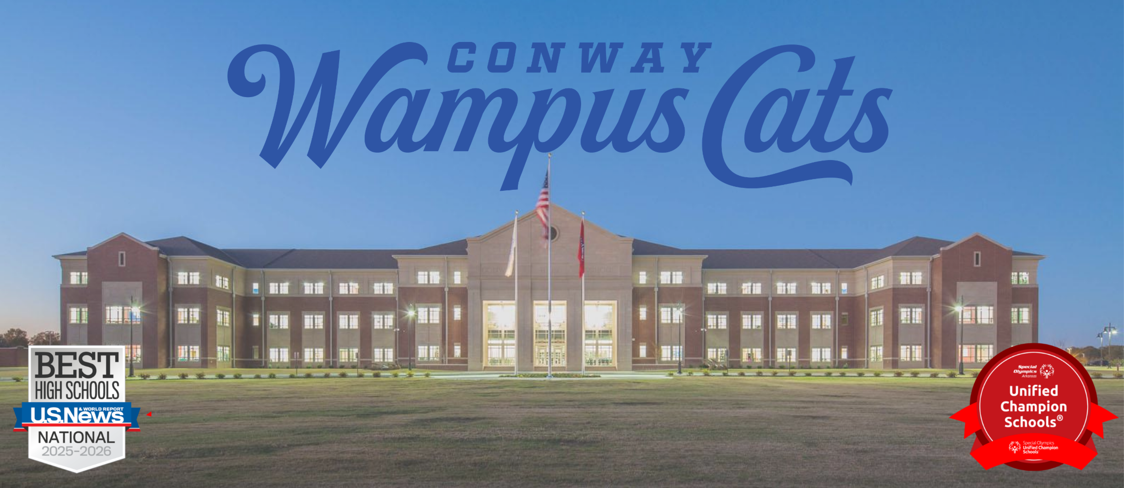 Wide shot of CHS with Conway Wampus Cats on top of picture