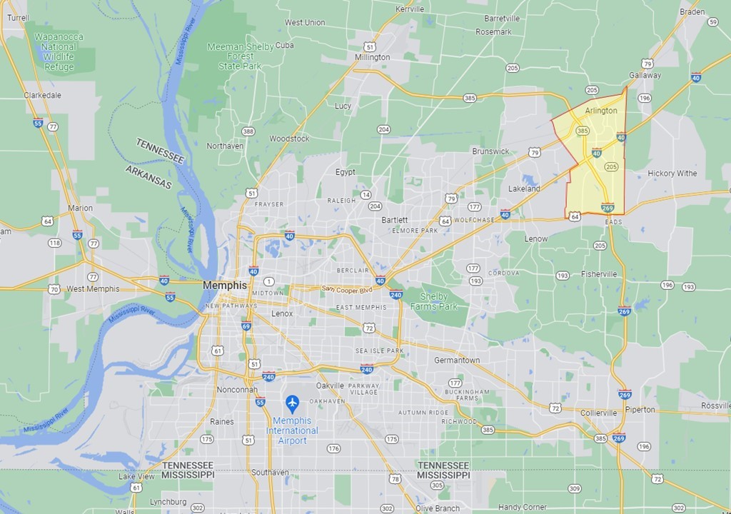 Map of Memphis Area with Arlington town limits highlighted in eastern portion of county