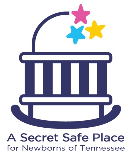 Cartoon image of baby crib with pink, blue, and yellow star mobile and with text: A Secret Safe Place for Newborns of Tennessee